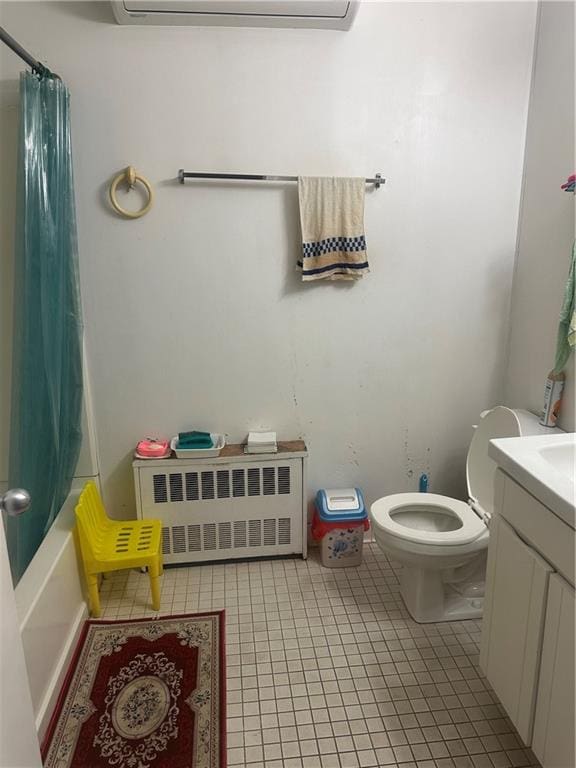2878 W 16th St, Brooklyn, NY 11224 - bathroom with radiator, vanity, tile patterned floors, a wall mounted AC, and shower / bath combo with shower curtain