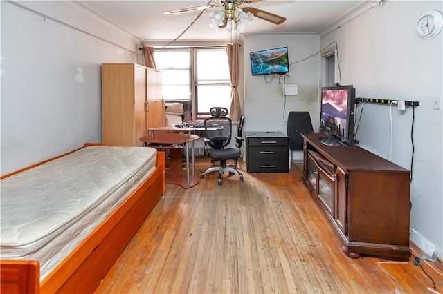 office featuring ornamental molding, a ceiling fan, and light wood-style floors