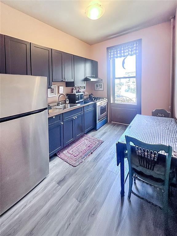 kitchen with a sink, stainless steel appliances, light wood-style floors, blue cabinetry, and light countertops