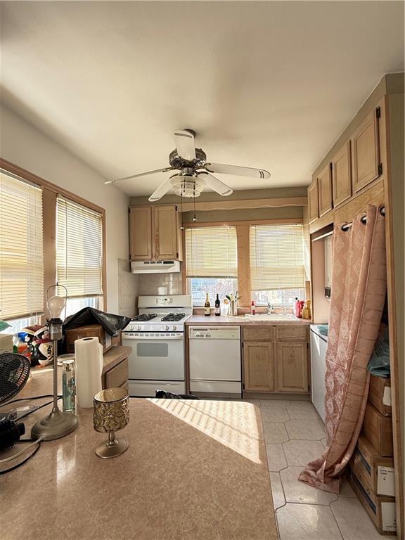 kitchen with white appliances, under cabinet range hood, a ceiling fan, light countertops, and a sink
