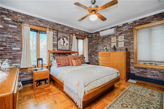 bedroom featuring brick wall, an AC wall unit, and ornamental molding
