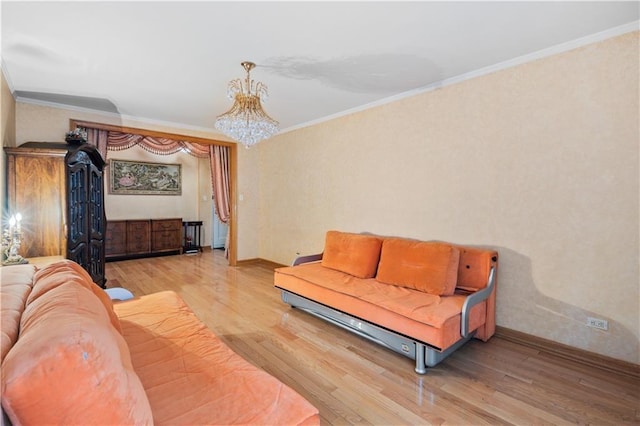 living area featuring baseboards, a chandelier, and light wood-type flooring