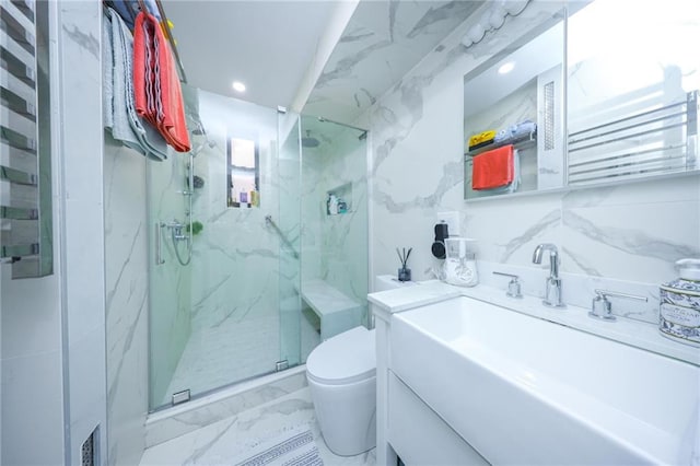 full bathroom with vanity, toilet, a marble finish shower, marble finish floor, and recessed lighting