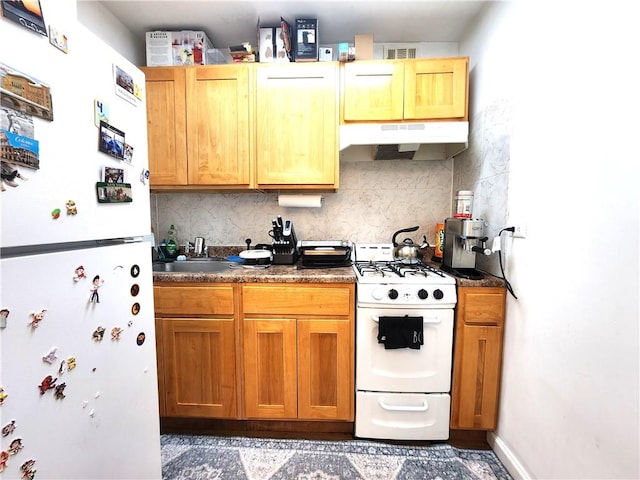 2626 Homecrest Ave Unit 3L, Brooklyn, NY 11235 - kitchen featuring white appliances, under cabinet range hood, and backsplash
