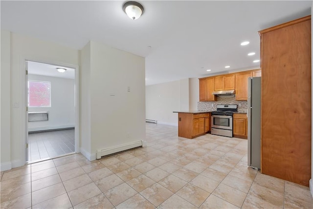 2138 Bath Ave Unit 1A, Brooklyn, NY 11214 - kitchen featuring stainless steel gas range, baseboard heating, under cabinet range hood, freestanding refrigerator, and decorative backsplash
