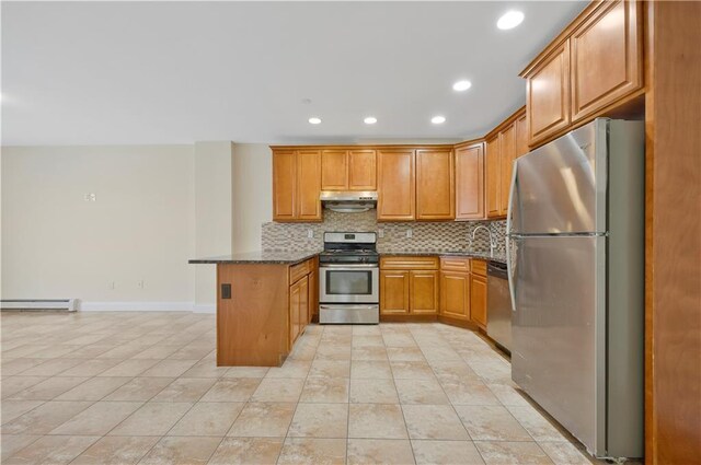 2138 Bath Ave Unit 1A, Brooklyn, NY 11214 - kitchen with appliances with stainless steel finishes, baseboard heating, under cabinet range hood, recessed lighting, and backsplash