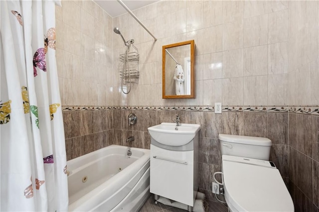 2752 Ocean Ave Unit 6A, Brooklyn, NY 11229 - bathroom with a combined bath / shower with jetted tub, vanity, tile walls, and toilet