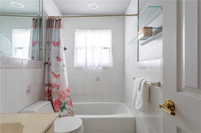 74 E Brandis Ave, Staten Island, NY 10308 - full bathroom featuring plenty of natural light, toilet, tile walls, vanity, and shower / bathtub combination with curtain