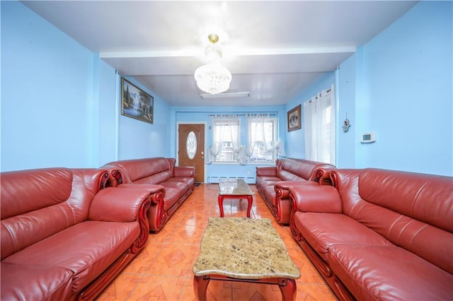 living room featuring a baseboard heating unit