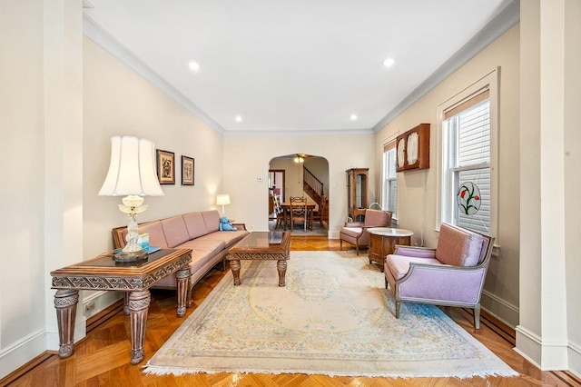1142 78th St, Brooklyn, NY 11228 - living room with arched walkways, crown molding, baseboards, recessed lighting, and stairway