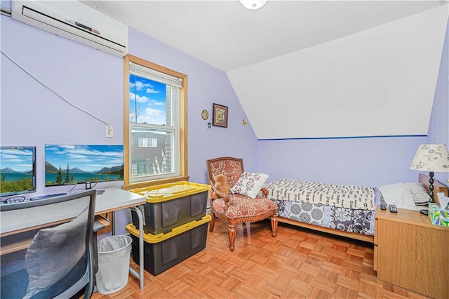bedroom with vaulted ceiling and an AC wall unit