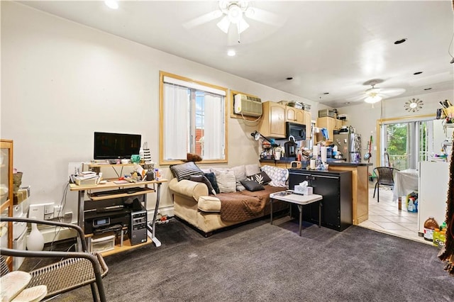 2554 W 16th St, Brooklyn, NY 11214 - living area featuring ceiling fan, an AC wall unit, recessed lighting, carpet floors, and tile patterned floors
