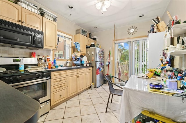 2554 W 16th St, Brooklyn, NY 11214 - kitchen with stainless steel appliances, light brown cabinets, light tile patterned flooring, tasteful backsplash, and recessed lighting