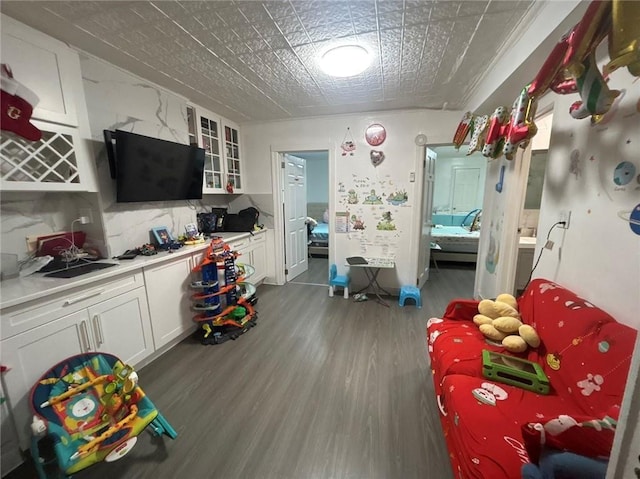 game room with wood finished floors and an ornate ceiling