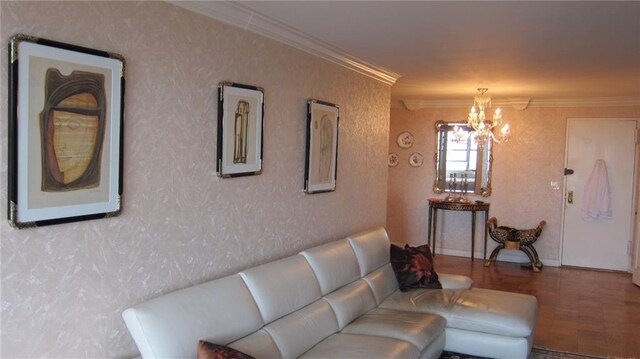 35 Seacoast Ter Unit 15U, Brooklyn, NY 11235 - living area with a chandelier, ornamental molding, and wood finished floors