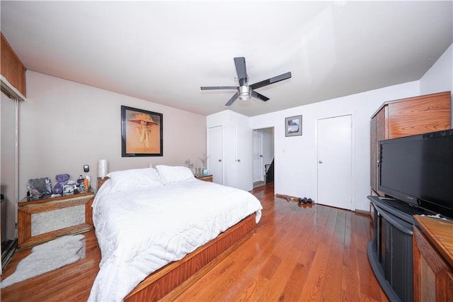 bedroom with wood finished floors, a ceiling fan, and two closets
