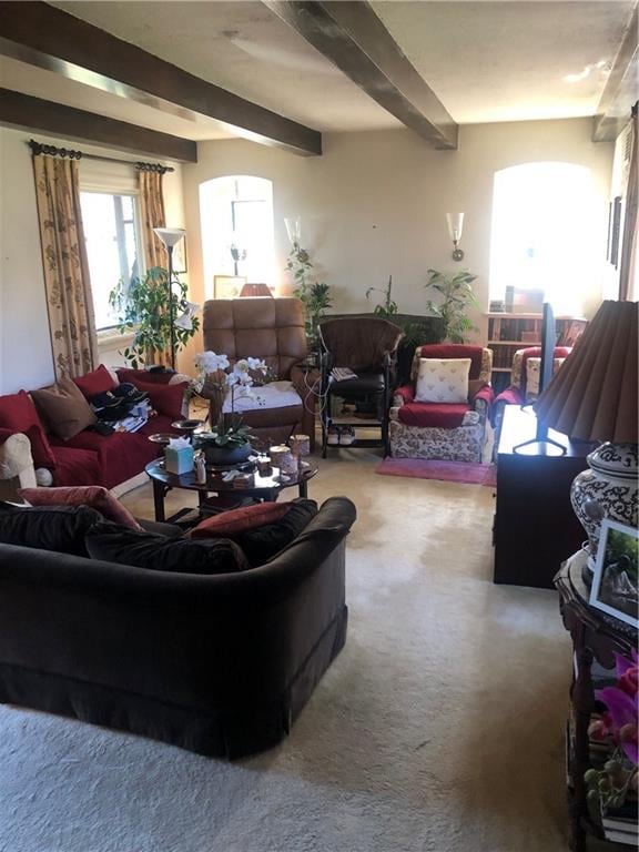 living area with beam ceiling and carpet