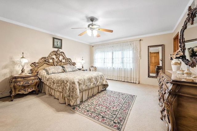 bedroom with crown molding, a ceiling fan, and light carpet
