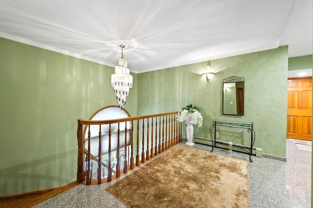 corridor featuring baseboards, speckled floor, a chandelier, crown molding, and a baseboard radiator