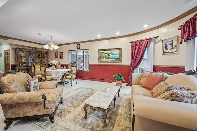 living room featuring recessed lighting, a chandelier, a baseboard radiator, and crown molding