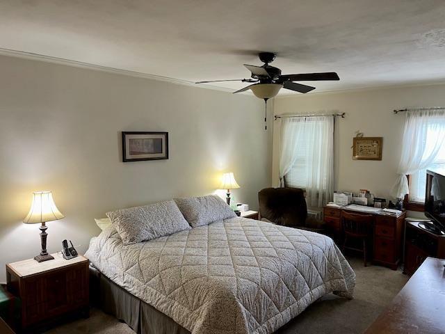 carpeted bedroom with ceiling fan