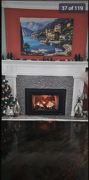 detailed view of a high end fireplace, crown molding, and wood finished floors