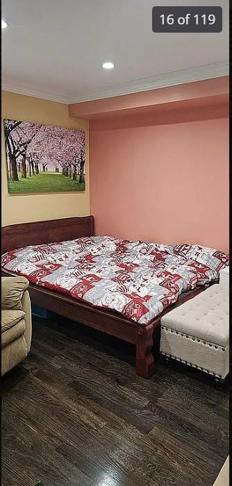 bedroom with ornamental molding, recessed lighting, and wood finished floors
