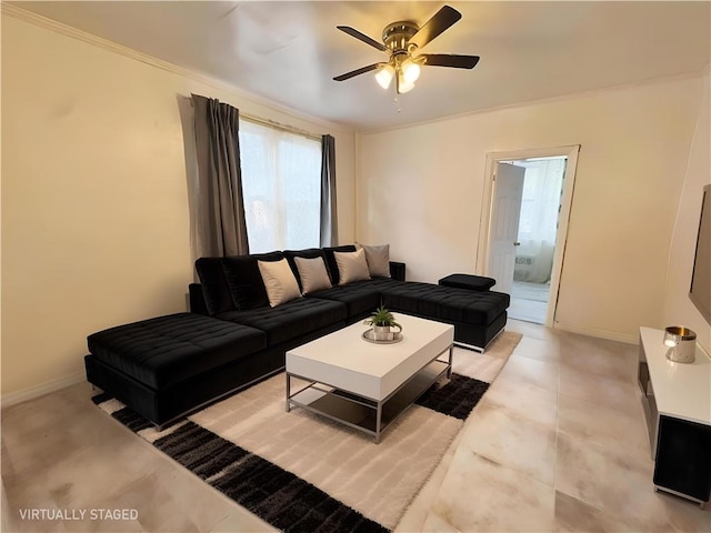 2518 W 1st St, Brooklyn, NY 11223 - living area with a ceiling fan, baseboards, and crown molding