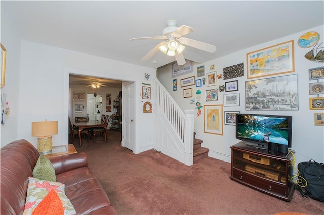 266 Wakeman Pl, Brooklyn, NY 11220 - carpeted living area with a ceiling fan and stairs