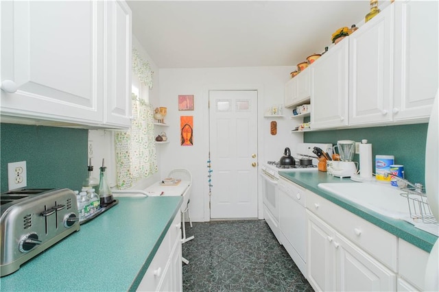 266 Wakeman Pl, Brooklyn, NY 11220 - kitchen with white cabinets, white range with gas cooktop, a toaster, and a sink