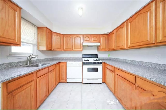51 Crestwater Ct, Staten Island, NY 10305 - kitchen with white appliances, under cabinet range hood, a sink, and light tile patterned floors
