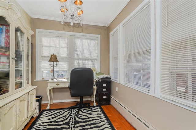 office with crown molding, a baseboard radiator, a notable chandelier, and dark wood-style floors