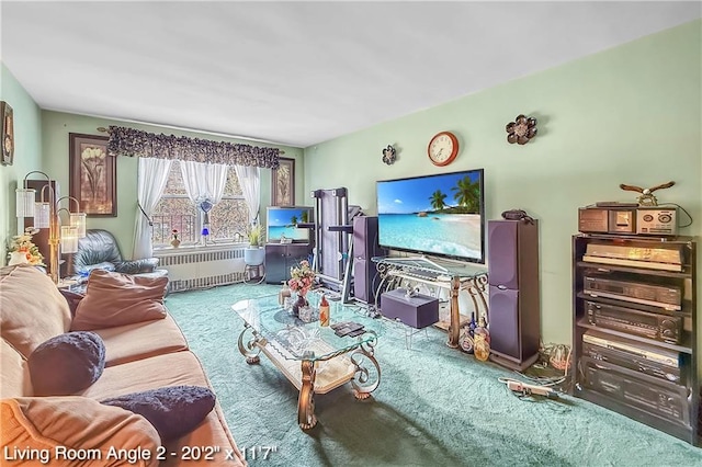 living room featuring carpet floors and radiator