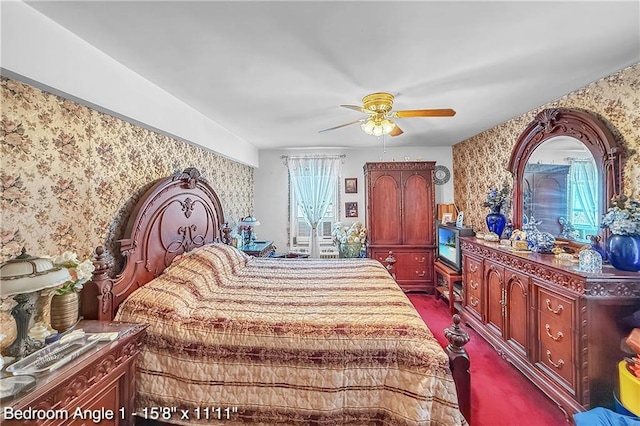 bedroom featuring wallpapered walls, dark carpet, and ceiling fan
