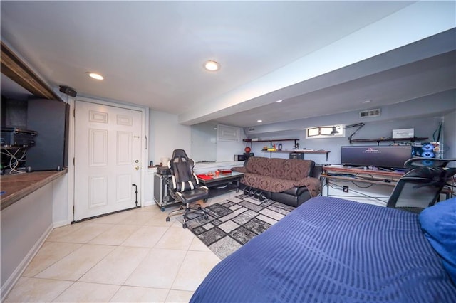 bedroom with light tile patterned floors, visible vents, recessed lighting, and baseboards