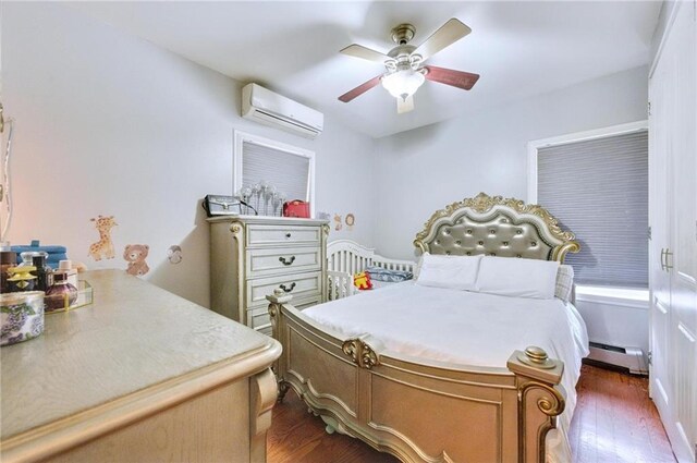 1639 Hendrickson St, Brooklyn, NY 11234 - bedroom with an AC wall unit, a baseboard heating unit, dark wood-style floors, and ceiling fan