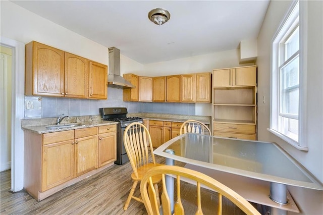 1639 Hendrickson St, Brooklyn, NY 11234 - kitchen with stainless steel range with gas stovetop, wall chimney exhaust hood, a sink, light wood-style flooring, and light countertops