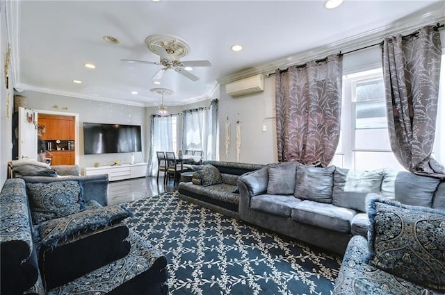 1639 Hendrickson St, Brooklyn, NY 11234 - living area featuring crown molding, a ceiling fan, a wall unit AC, and recessed lighting