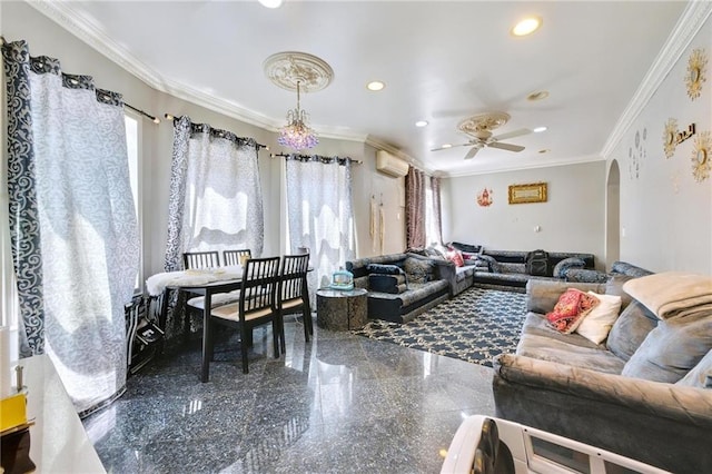1639 Hendrickson St, Brooklyn, NY 11234 - living area with granite floors, arched walkways, ornamental molding, recessed lighting, and ceiling fan