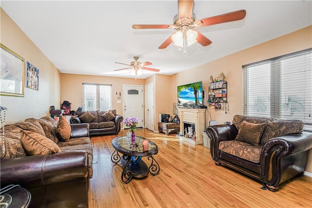 living room with a fireplace, a ceiling fan, and light wood-type flooring