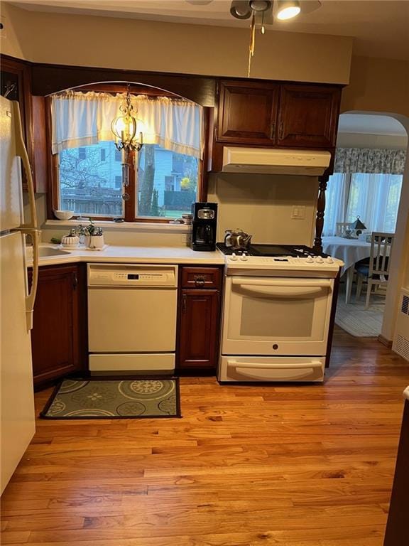 249 Slosson Ave, Staten Island, NY 10314 - kitchen with white appliances, light countertops, under cabinet range hood, and light wood-style floors