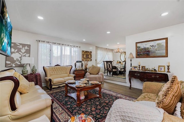 149 Forest St, Staten Island, NY 10314 - living area with recessed lighting, wood finished floors, a chandelier, and baseboards