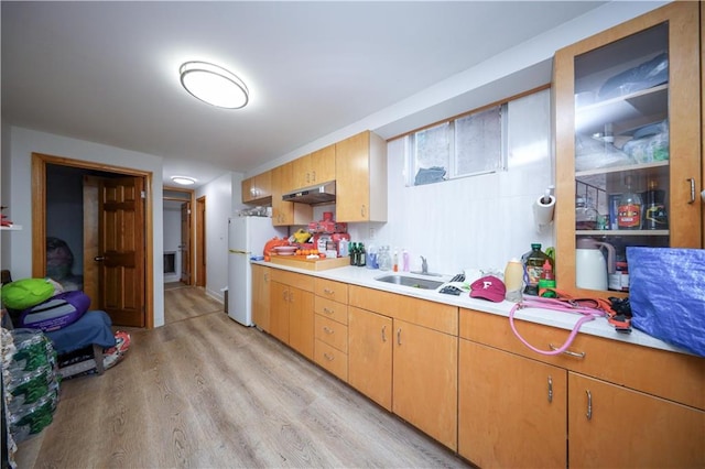 kitchen featuring a sink, light wood-style floors, light countertops, freestanding refrigerator, and under cabinet range hood