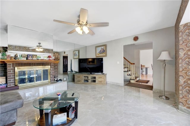 30 Beverly Rd, Staten Island, NY 10305 - living area with a ceiling fan, stairway, a brick fireplace, and marble tiled floors