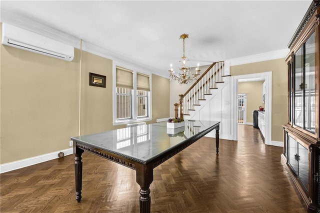 dining space featuring stairs, an AC wall unit, baseboards, and a notable chandelier