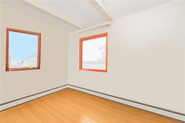 empty room with beam ceiling, light wood-style flooring, and baseboard heating