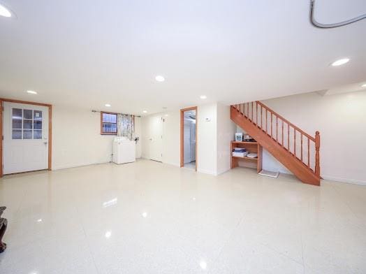 299 Bay 13th St, Brooklyn, NY 11214 - unfurnished living room featuring stairway and recessed lighting
