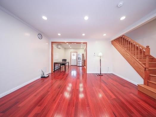 299 Bay 13th St, Brooklyn, NY 11214 - unfurnished living room featuring stairs, wood finished floors, ornamental molding, baseboards, and recessed lighting