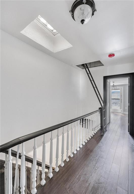staircase featuring a skylight and wood finished floors