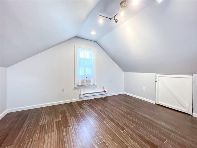 333 Lafayette Ave, Staten Island, NY 10301 - additional living space featuring a baseboard radiator, dark wood-style floors, baseboards, and lofted ceiling